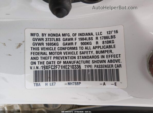 19XFC2F71HE210336 2017 HONDA CIVIC Белый Вид подкапотного пространства
