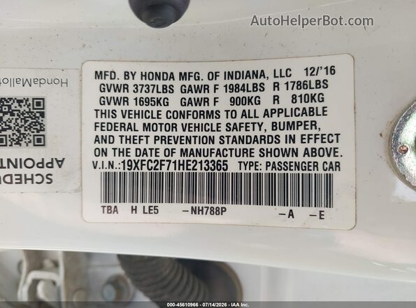 19XFC2F71HE213365 2017 HONDA CIVIC White Engine compartment view