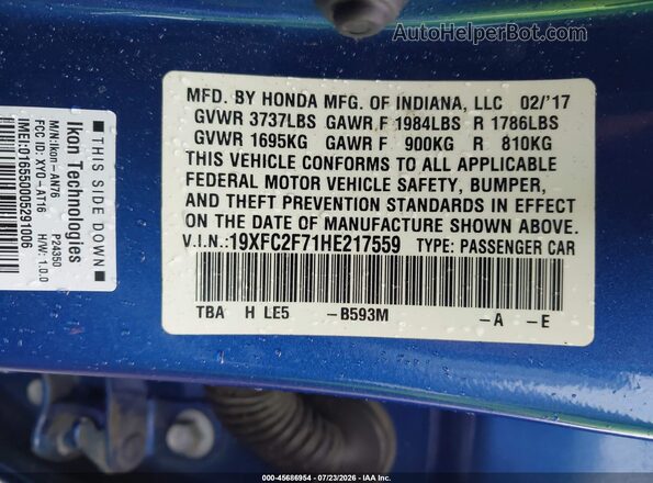 19XFC2F71HE217559 2017 HONDA CIVIC Blue Engine compartment view