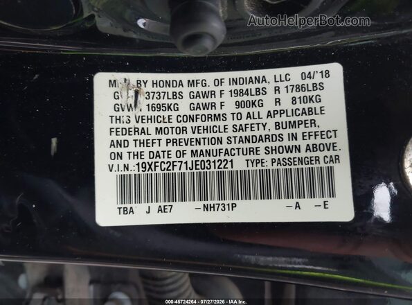 19XFC2F71JE031221 2018 HONDA CIVIC Черный Вид подкапотного пространства