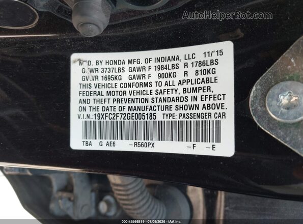 19XFC2F72GE005185 2016 HONDA CIVIC Black ძრავის განყოფილების ხედი
