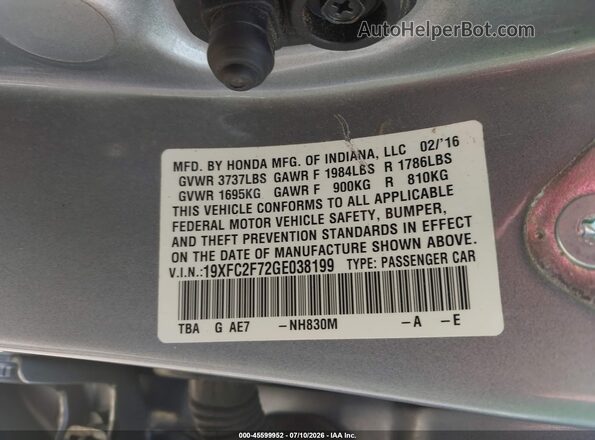 19XFC2F72GE038199 2016 HONDA CIVIC Silver Engine compartment view