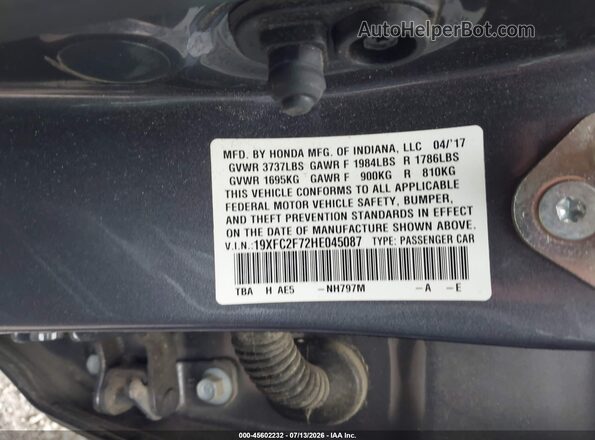 19XFC2F72HE045087 2017 HONDA CIVIC Gray Вид підкапотного простору