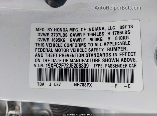 19XFC2F72JE208309 2018 HONDA CIVIC White Շարժիչի բաժամունքի տեսք