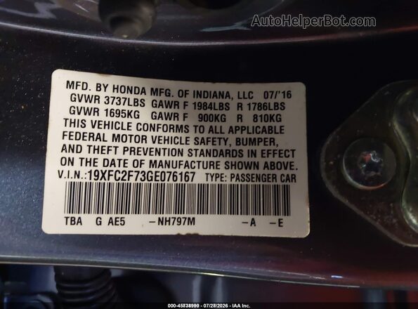 19XFC2F73GE076167 2016 HONDA CIVIC Gray Vista del compartimento del motor