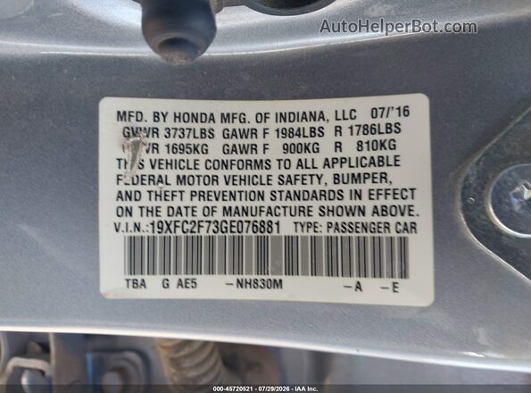 19XFC2F73GE076881 2016 HONDA CIVIC Silver Շարժիչի բաժամունքի տեսք