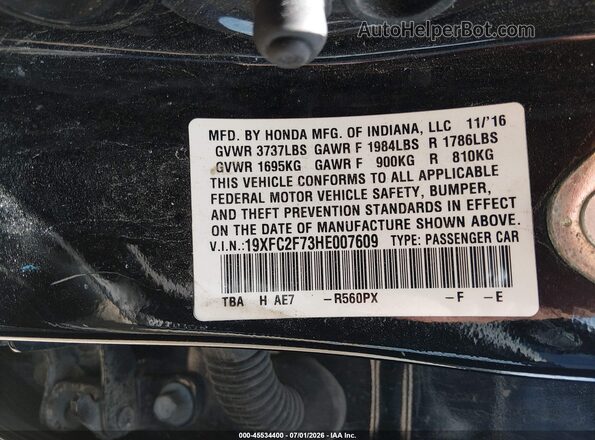 19XFC2F73HE007609 2017 HONDA CIVIC Black Вид підкапотного простору