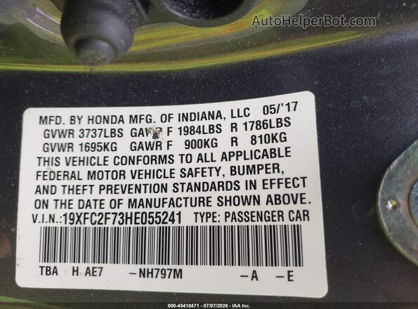 19XFC2F73HE055241 2017 HONDA CIVIC Gray Շարժիչի բաժամունքի տեսք