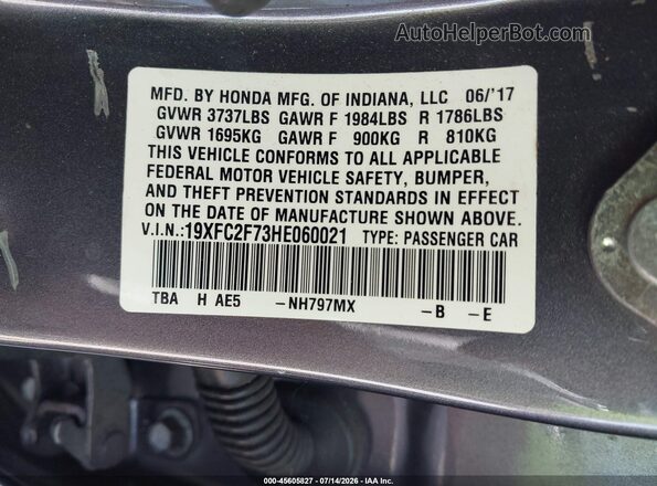 19XFC2F73HE060021 2017 HONDA CIVIC Gray Շարժիչի բաժամունքի տեսք