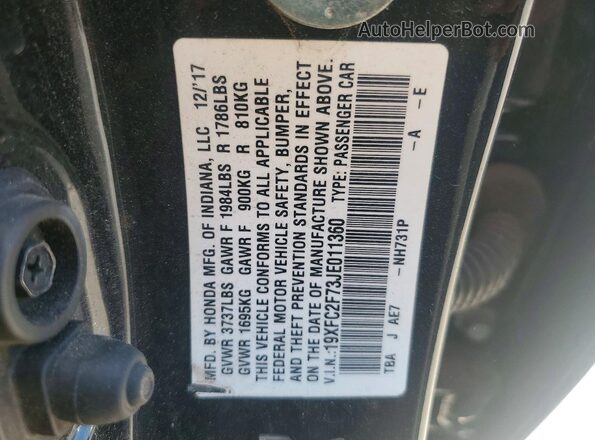 19XFC2F73JE011360 2018 HONDA CIVIC Black Вид підкапотного простору