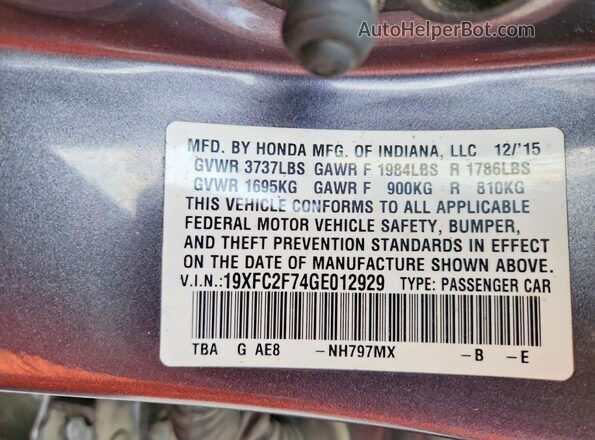 19XFC2F74GE012929 2016 HONDA CIVIC Charcoal Շարժիչի բաժամունքի տեսք