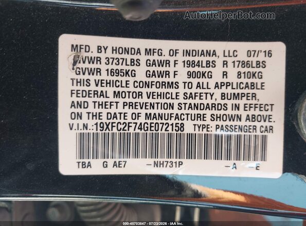 19XFC2F74GE072158 2016 HONDA CIVIC Black Շարժիչի բաժամունքի տեսք