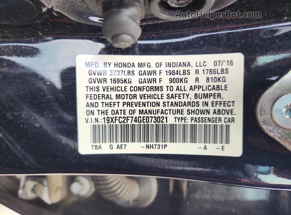 19XFC2F74GE073021 2016 HONDA CIVIC Black Շարժիչի բաժամունքի տեսք