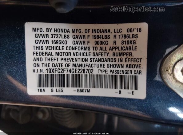 19XFC2F74GE228702 2016 HONDA CIVIC Blue Vista del compartimento del motor