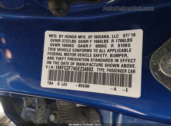 19XFC2F74GE234693 2016 HONDA CIVIC Blue Вид підкапотного простору
