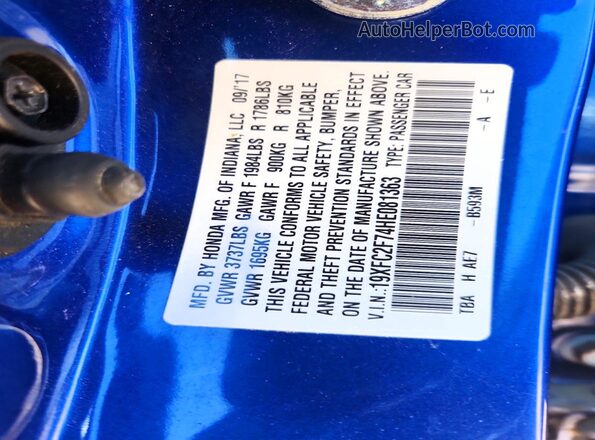 19XFC2F74HE081363 2017 HONDA CIVIC Blue Vista de la etiqueta del VIN