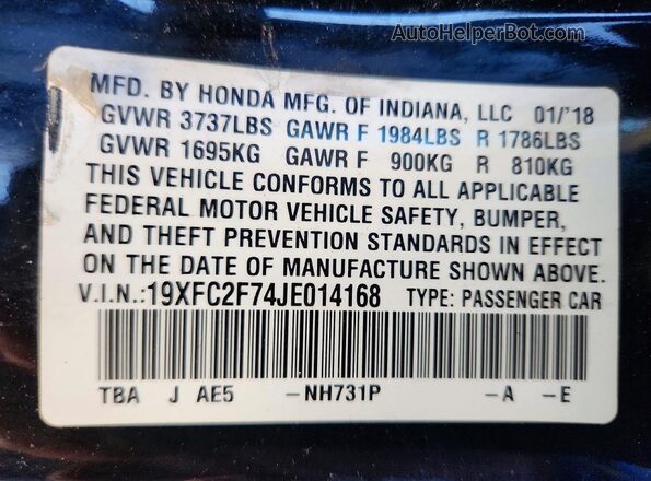 19XFC2F74JE014168 2018 HONDA CIVIC Black Engine compartment view