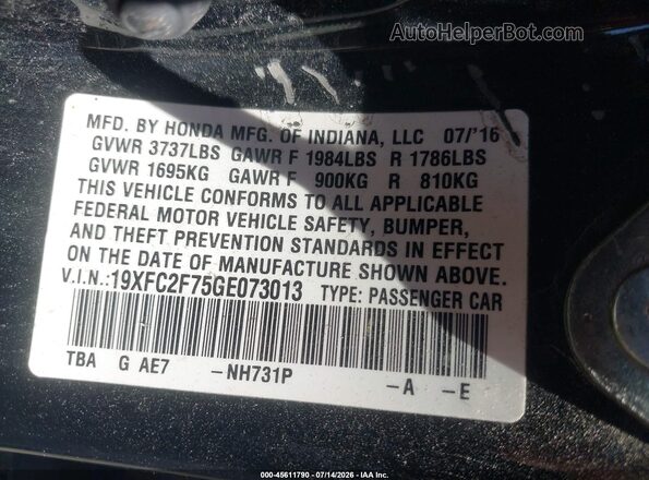 19XFC2F75GE073013 2016 HONDA CIVIC Black Շարժիչի բաժամունքի տեսք
