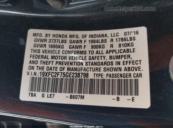 19XFC2F75GE238798 2016 HONDA CIVIC Dark Blue Вид підкапотного простору