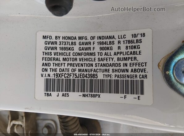 19XFC2F75JE043985 2018 HONDA CIVIC White Вид підкапотного простору