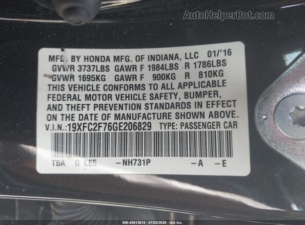 19XFC2F76GE206829 2016 HONDA CIVIC Черный Вид подкапотного пространства