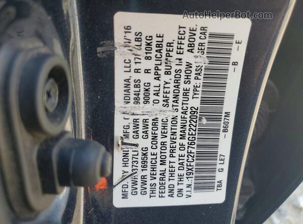 19XFC2F76GE222092 2016 HONDA CIVIC Blue Շարժիչի բաժամունքի տեսք