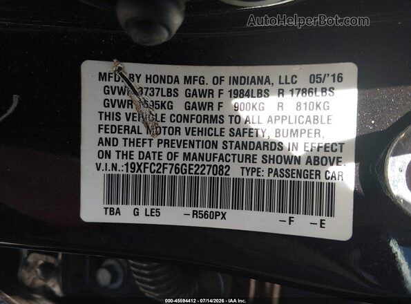 19XFC2F76GE227082 2016 HONDA CIVIC Purple Widok komory silnika