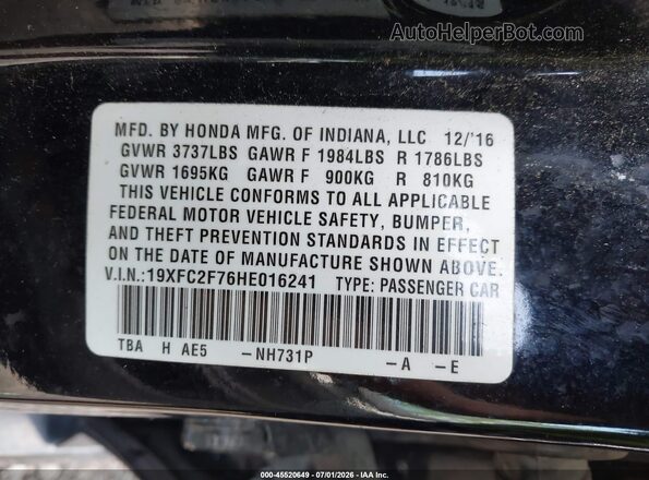 19XFC2F76HE016241 2017 HONDA CIVIC Black Շարժիչի բաժամունքի տեսք