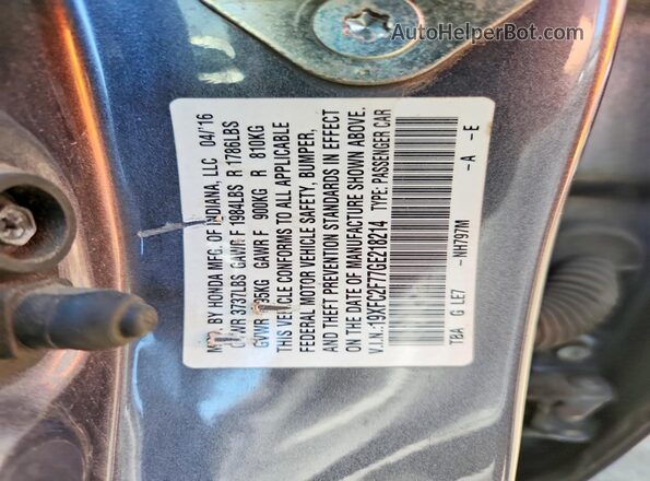 19XFC2F77GE218214 2016 HONDA CIVIC Gray Engine compartment view