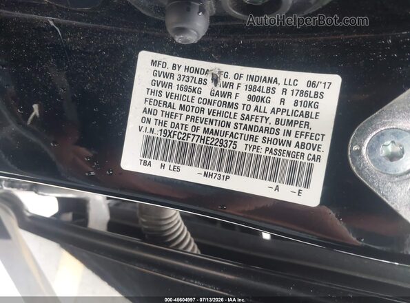 19XFC2F77HE229375 2017 HONDA CIVIC Черный Вид подкапотного пространства