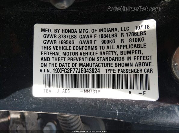 19XFC2F77JE043924 2018 HONDA CIVIC Black Շարժիչի բաժամունքի տեսք