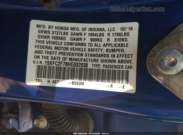 19XFC2F78HE002938 2017 HONDA CIVIC Blue Вид підкапотного простору