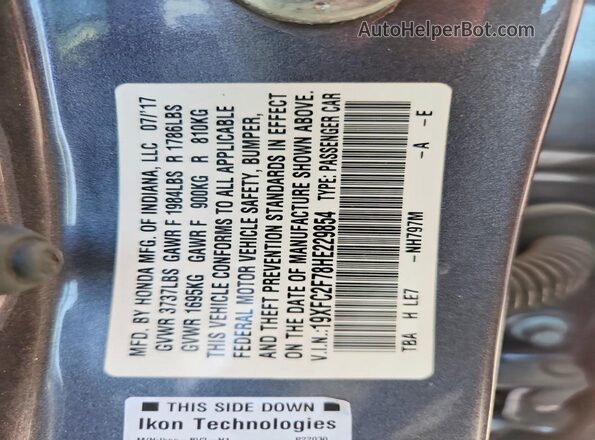 19XFC2F78HE229854 2017 HONDA CIVIC Gray Vista de la etiqueta del VIN