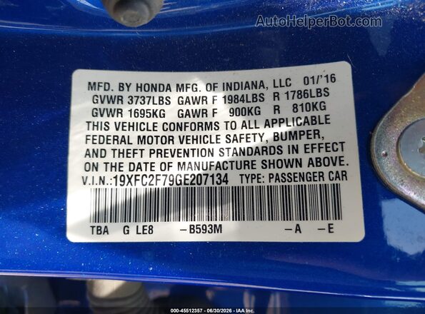 19XFC2F79GE207134 2016 HONDA CIVIC Blue Vista del compartimento del motor