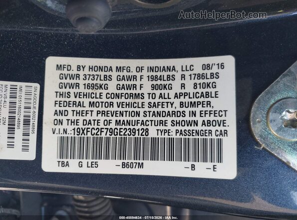 19XFC2F79GE239128 2016 HONDA CIVIC Black Engine compartment view