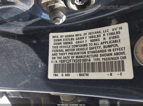 19XFC2F7XGE018914 2016 HONDA CIVIC Gray ძრავის განყოფილების ხედი