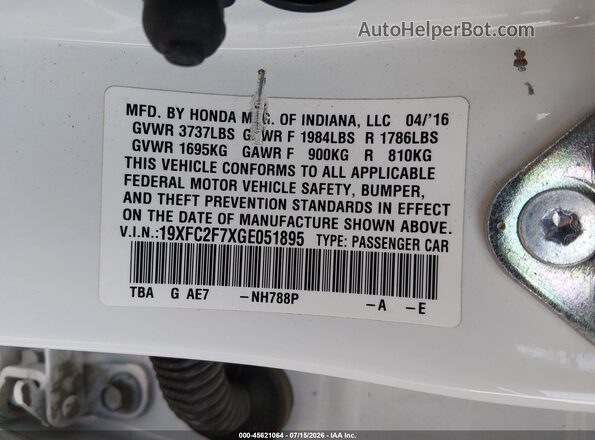 19XFC2F7XGE051895 2016 HONDA CIVIC White ძრავის განყოფილების ხედი