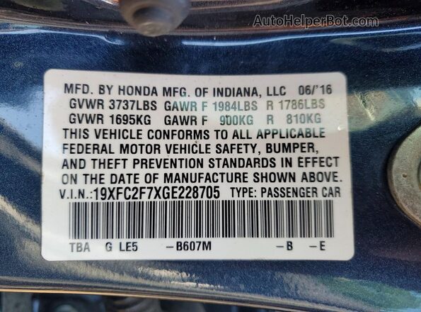 19XFC2F7XGE228705 2016 HONDA CIVIC Blue VIN კოდის სტიკერის ხედი