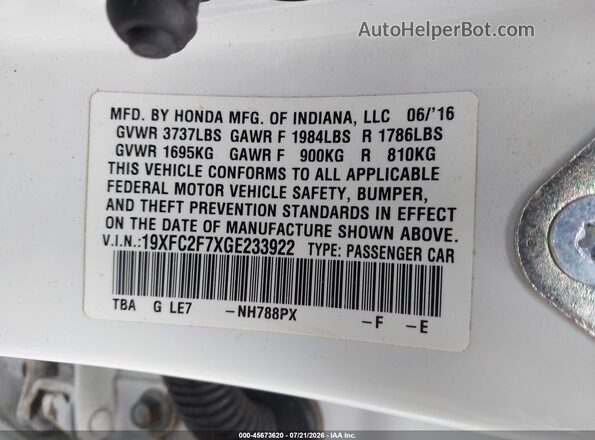 19XFC2F7XGE233922 2016 HONDA CIVIC Белый Вид подкапотного пространства