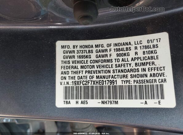 19XFC2F7XHE017991 2017 HONDA CIVIC Gray Շարժիչի բաժամունքի տեսք