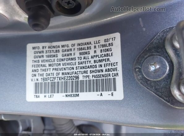 19XFC2F7XHE220296 2017 HONDA CIVIC Silver Vista del compartimento del motor
