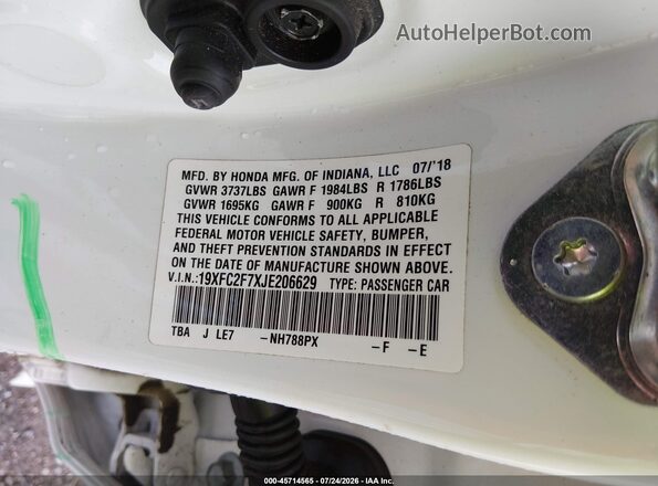 19XFC2F7XJE206629 2018 HONDA CIVIC White Vista del compartimento del motor