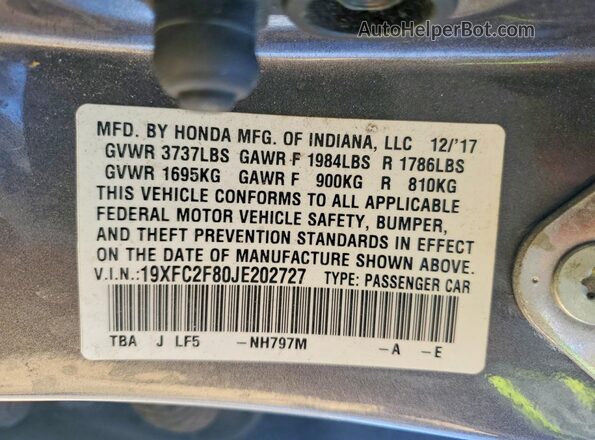 19XFC2F80JE202727 2018 HONDA CIVIC Серый Вид подкапотного пространства