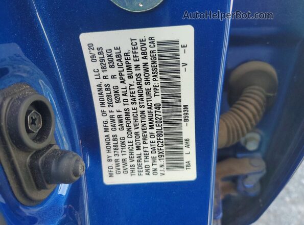 19XFC2F80LE027740 2020 HONDA CIVIC Blue Widok komory silnika