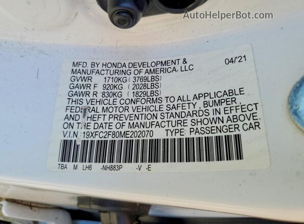 19XFC2F80ME202070 2021 HONDA CIVIC White Widok komory silnika