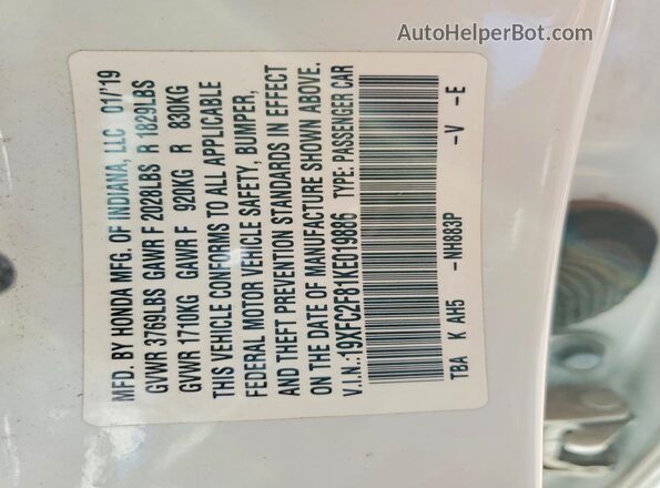 19XFC2F81KE019886 2019 HONDA CIVIC White VIN კოდის სტიკერის ხედი