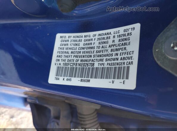 19XFC2F81KE026708 2019 HONDA CIVIC Blue Շարժիչի բաժամունքի տեսք
