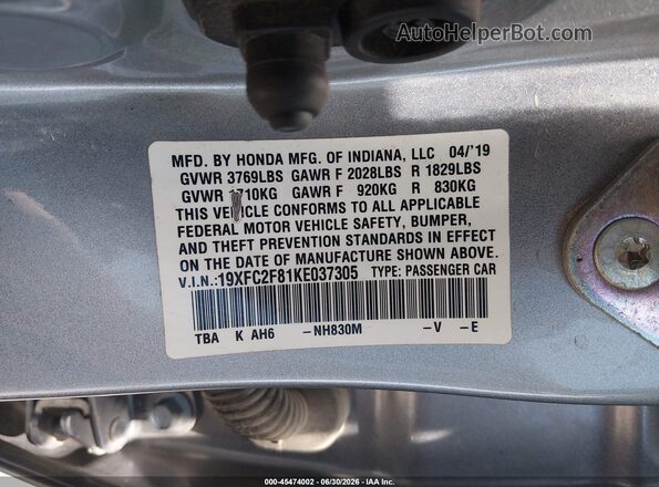 19XFC2F81KE037305 2019 HONDA CIVIC Silver ძრავის განყოფილების ხედი