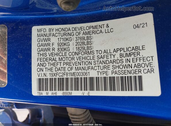 19XFC2F81ME003061 2021 HONDA CIVIC Blue ძრავის განყოფილების ხედი