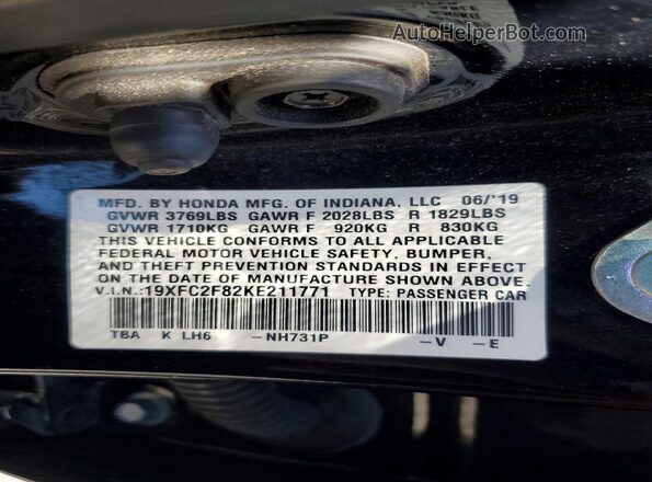 19XFC2F82KE211771 2019 HONDA CIVIC Black ძრავის განყოფილების ხედი